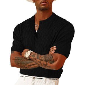 Men's Black Knit Polo Short Sleeve Texture Henley Knitted T-Shirts Casual Shirt